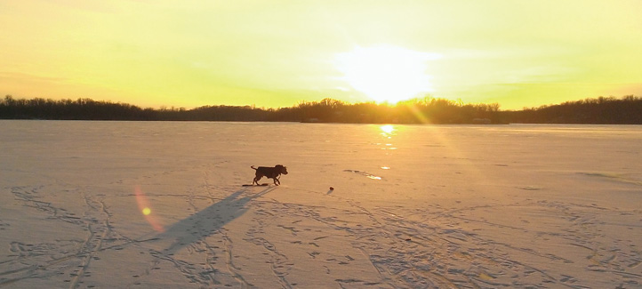 Parise chases down a ball on a frozen lake at sunset